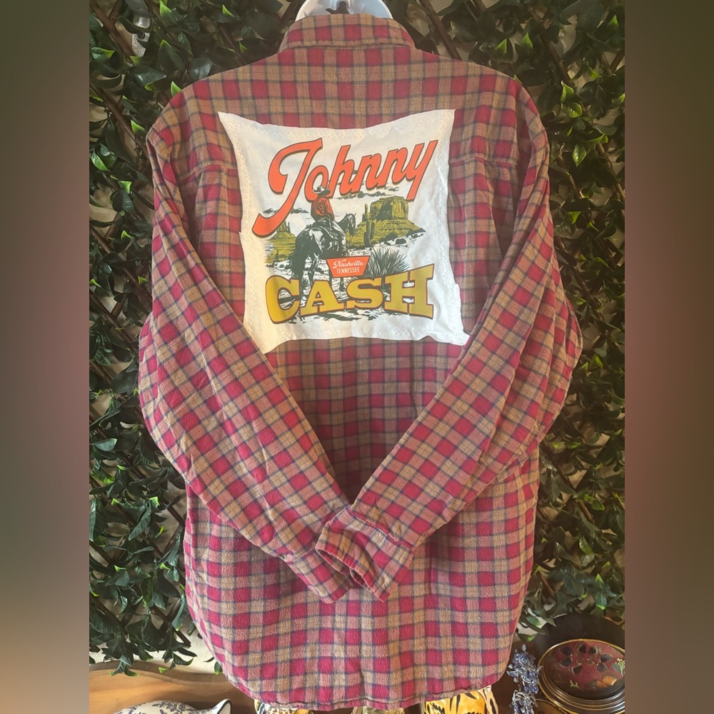 UPCYCLED one of a kind, JOHNNY CASH Rocker Music Patch Button Down Shirt